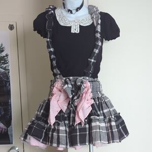Black and Pink Plaid Ruffled Coquette Lolita Suspender Skirt